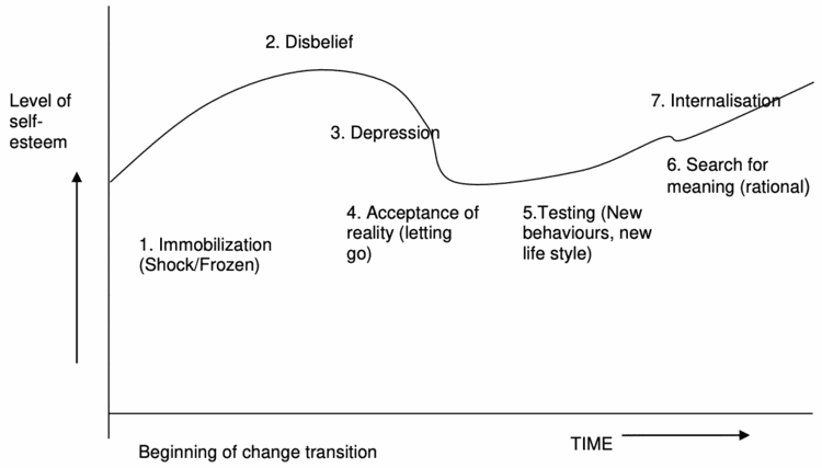 The personal change curve showing self-esteem over time through stages: immobilization, disbelief, depression, acceptance of reality, testing new behaviors, search for meaning, and internalization