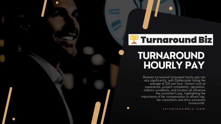 Business turnaround consultant smiling into distance with clock behind, Turnaround Hourly Pay blurb along with turnaroundbiz.com website url