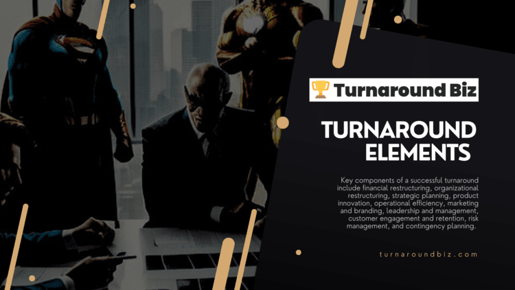 conference room discussion of turnaround elements with text of key components followed by turnaroundbiz.com website url