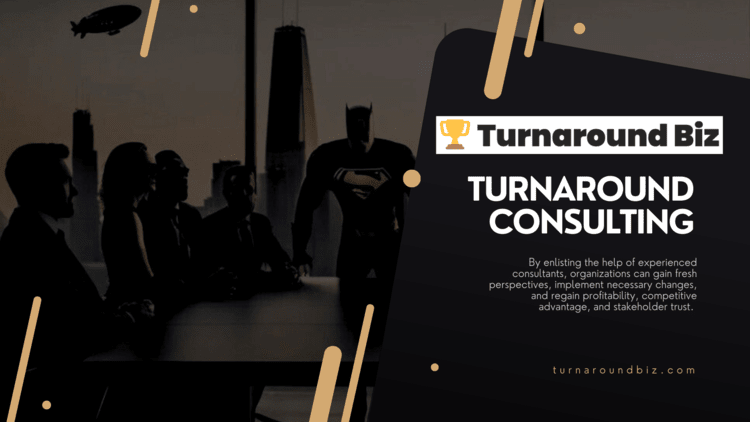 Business turnaround consulting services shown with superhero at head of table, blurb about services along with the turnaroundbiz.com website url
