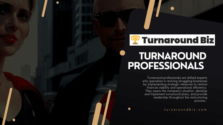 Turnaround professionals posing in front of city background with blurb about business turnaround professionals along with turnaroundbiz.com website url